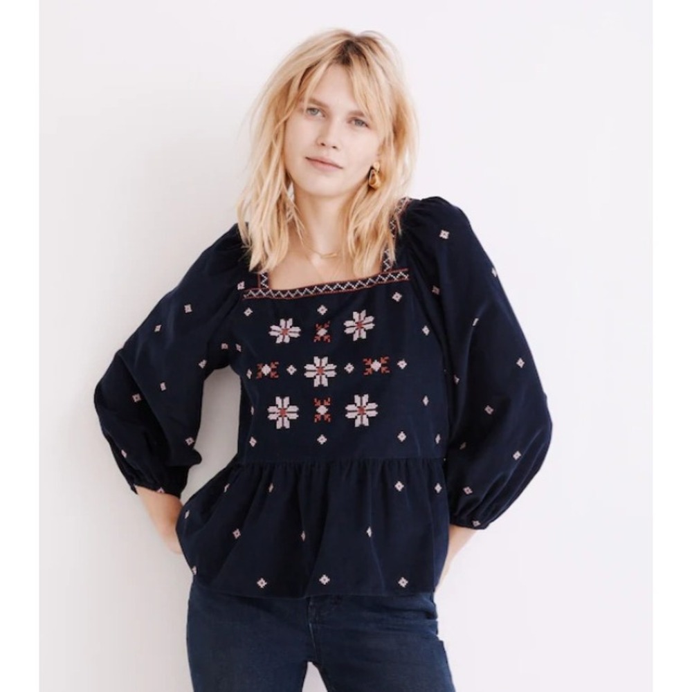 Madewell Embroidered Corduroy Peplum Blouse Navy Large